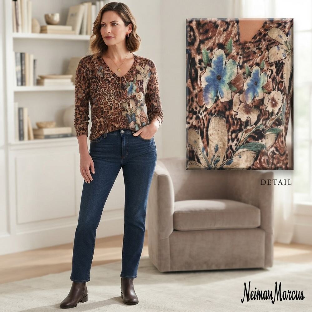 Neiman Marcus Cashmere Size M Leopard Print Floral Butterfly V-Neck Sweater